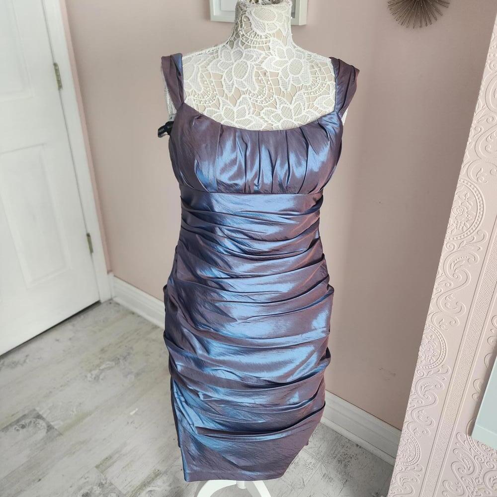 LKNW Bill Levkoff blue purple metallic Satin Cocktail Ruch Sleevle Dress 12